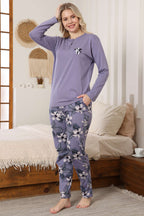 Çiçek Nakışlı Uzun Kol Pijama Takımı Lila