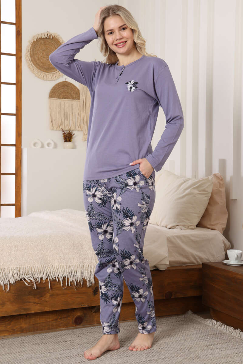 Çiçek Nakışlı Uzun Kol Pijama Takımı Lila