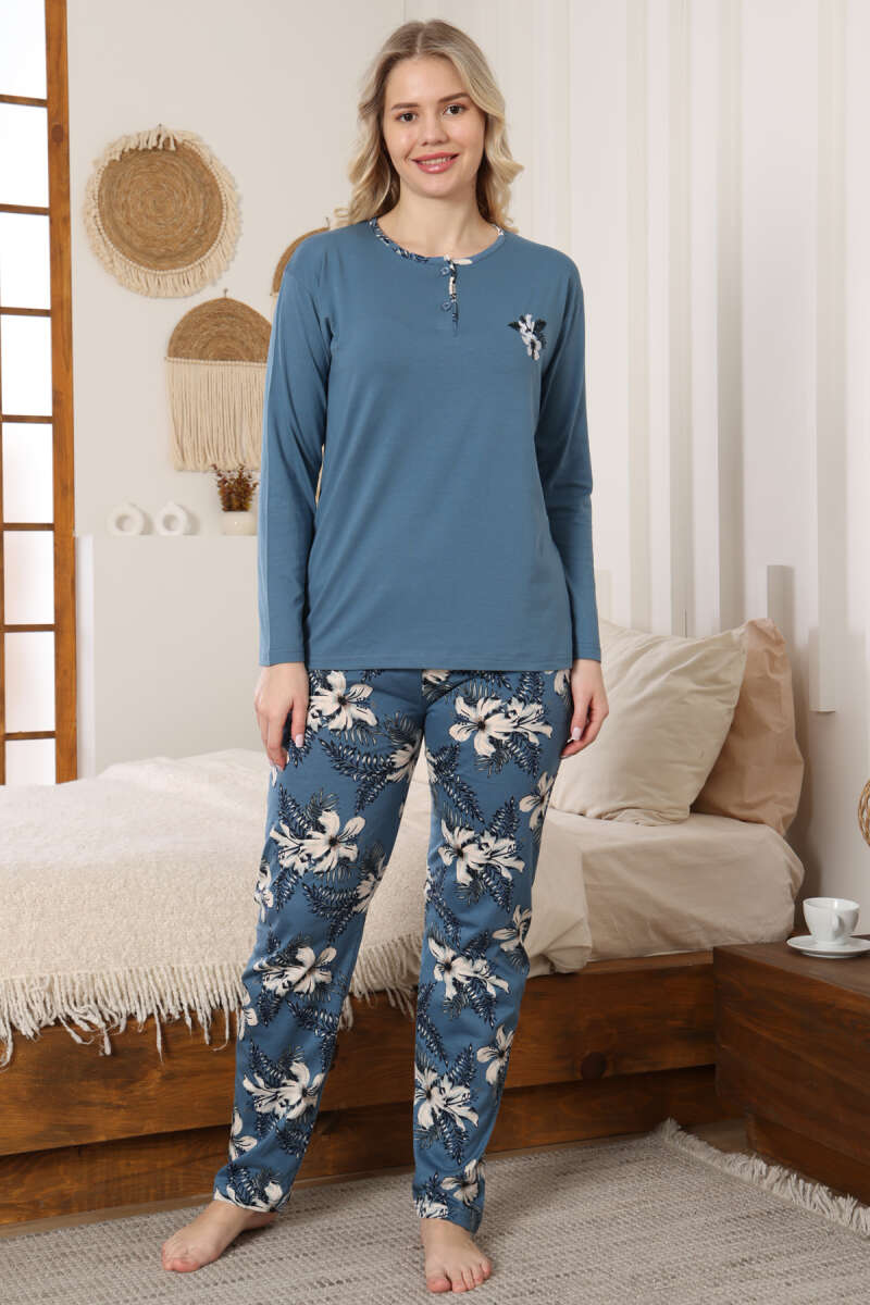 Çiçek Nakışlı Uzun Kol Pijama Takımı