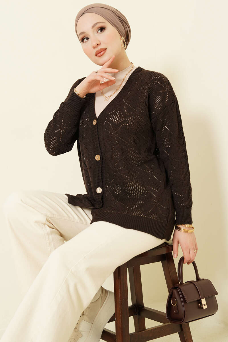 Çiçek Örgülü Düğmeli Triko Hırka Acı Kahve