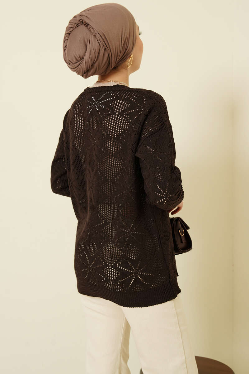 Çiçek Örgülü Düğmeli Triko Hırka Acı Kahve