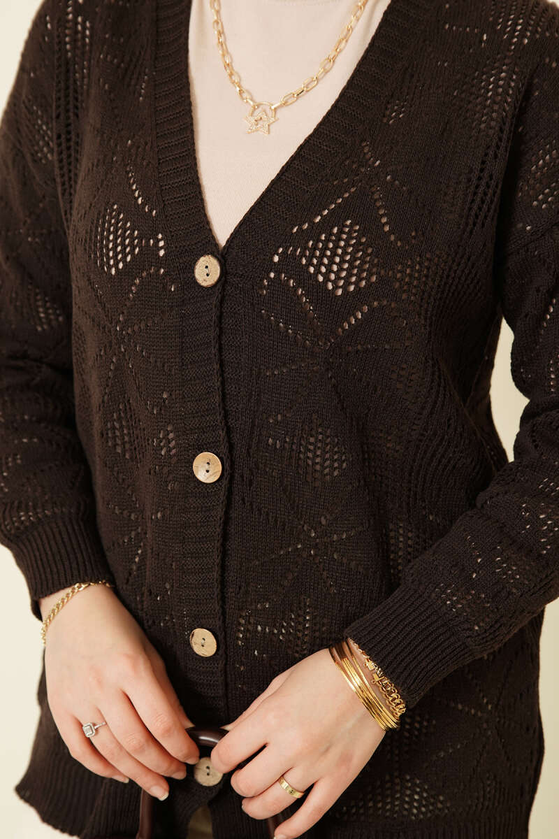 Çiçek Örgülü Düğmeli Triko Hırka Acı Kahve