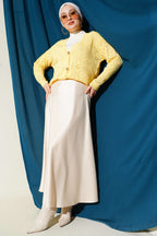 Çiçek Örgülü Düğmeli Triko Hırka Sarı