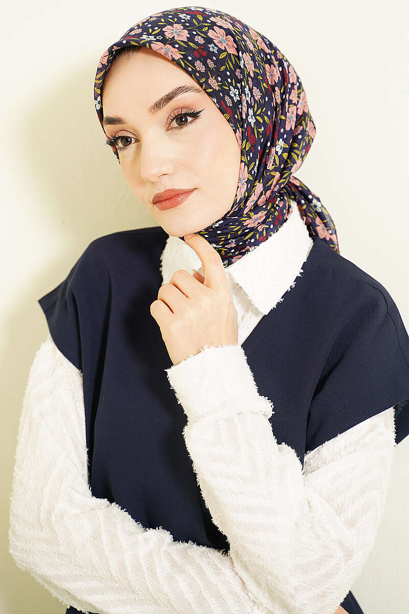 Çiçek Süslemeli Eşarp Lacivert Pembe