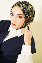 Çiçek Süslemeli Eşarp Siyah Yeşil