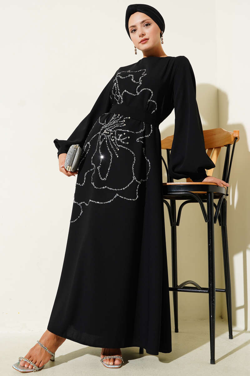 Flower Stone Embellished Evening Dress