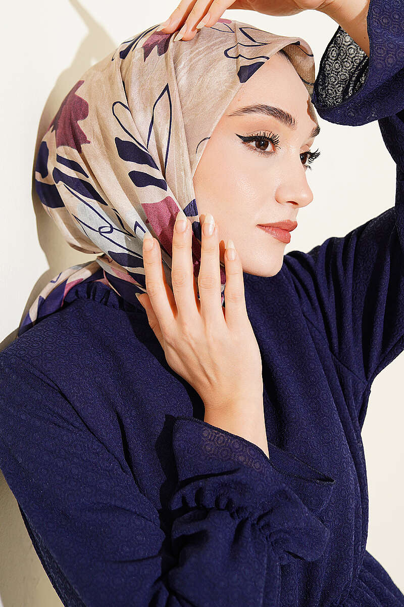 Çiçekli Fırça Desen Elegance Eşarp Lacivert Bej