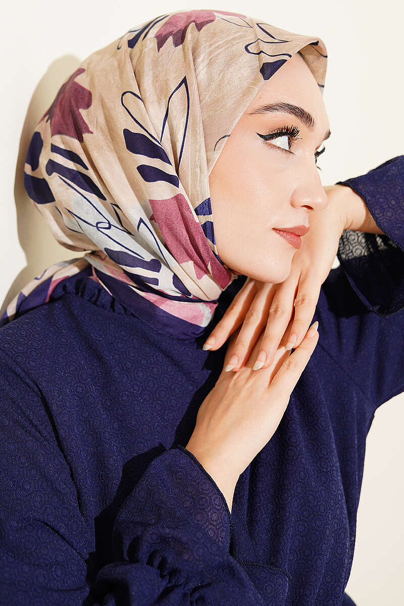 Çiçekli Fırça Desen Elegance Eşarp Lacivert Bej