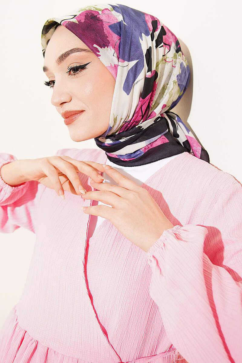 Çiçekli Fırça Desen Elegance Eşarp Siyah