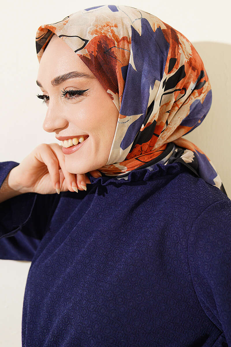 Çiçekli Fırça Desen Elegance Eşarp Siyah Bej