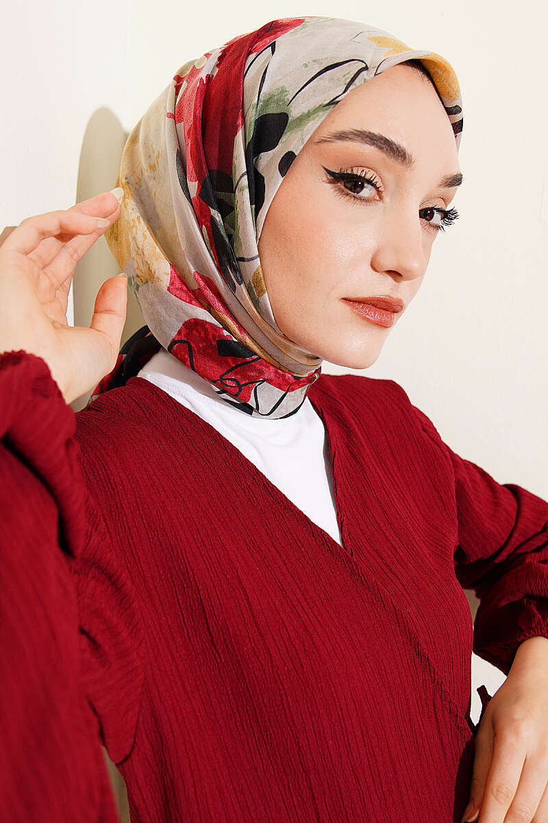 Çiçekli Fırça Desen Elegance Eşarp Siyah Kırmızı