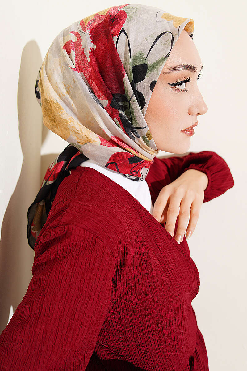 Çiçekli Fırça Desen Elegance Eşarp Siyah Kırmızı