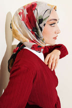 Çiçekli Fırça Desen Elegance Eşarp Siyah Kırmızı