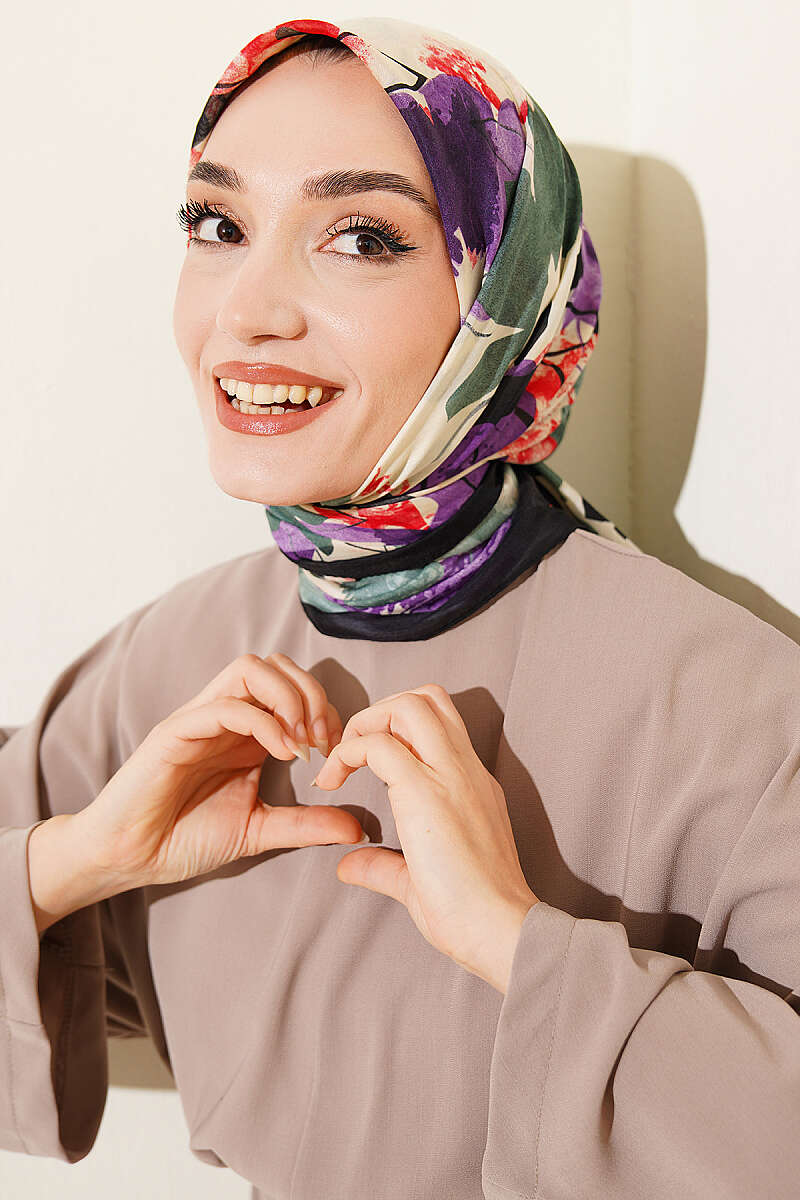 Çiçekli Fırça Desen Elegance Eşarp Siyah Mor