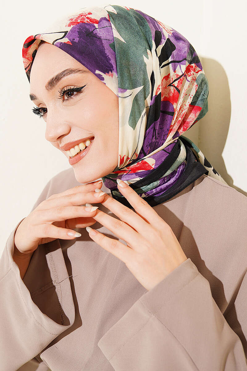 Çiçekli Fırça Desen Elegance Eşarp Siyah Mor