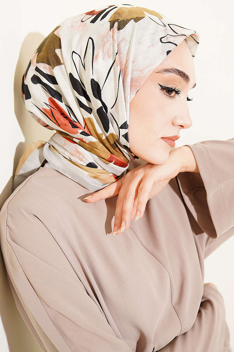 Çiçekli Fırça Desen Elegance Eşarp Taş Gri