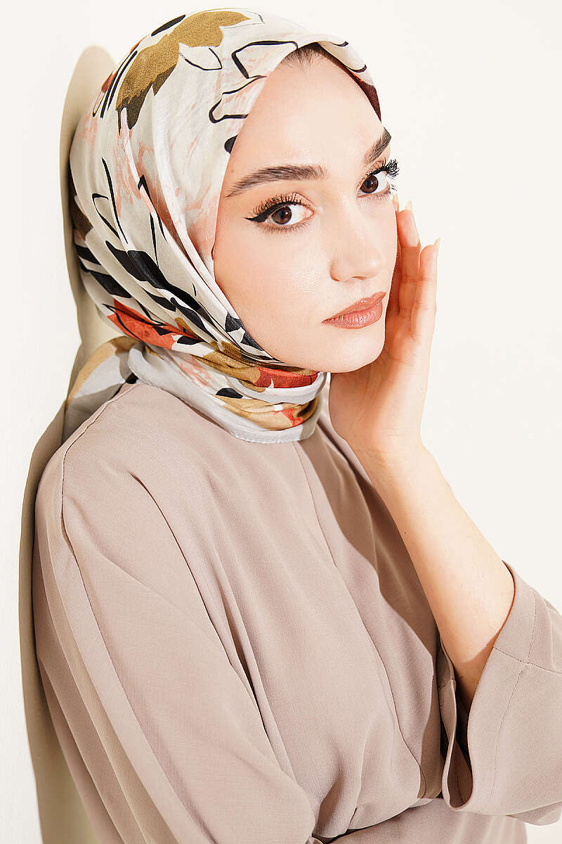 Çiçekli Fırça Desen Elegance Eşarp Taş Gri