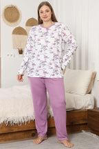 Çiçekli Fitilli Büyük Beden Pijama Takımı Lila
