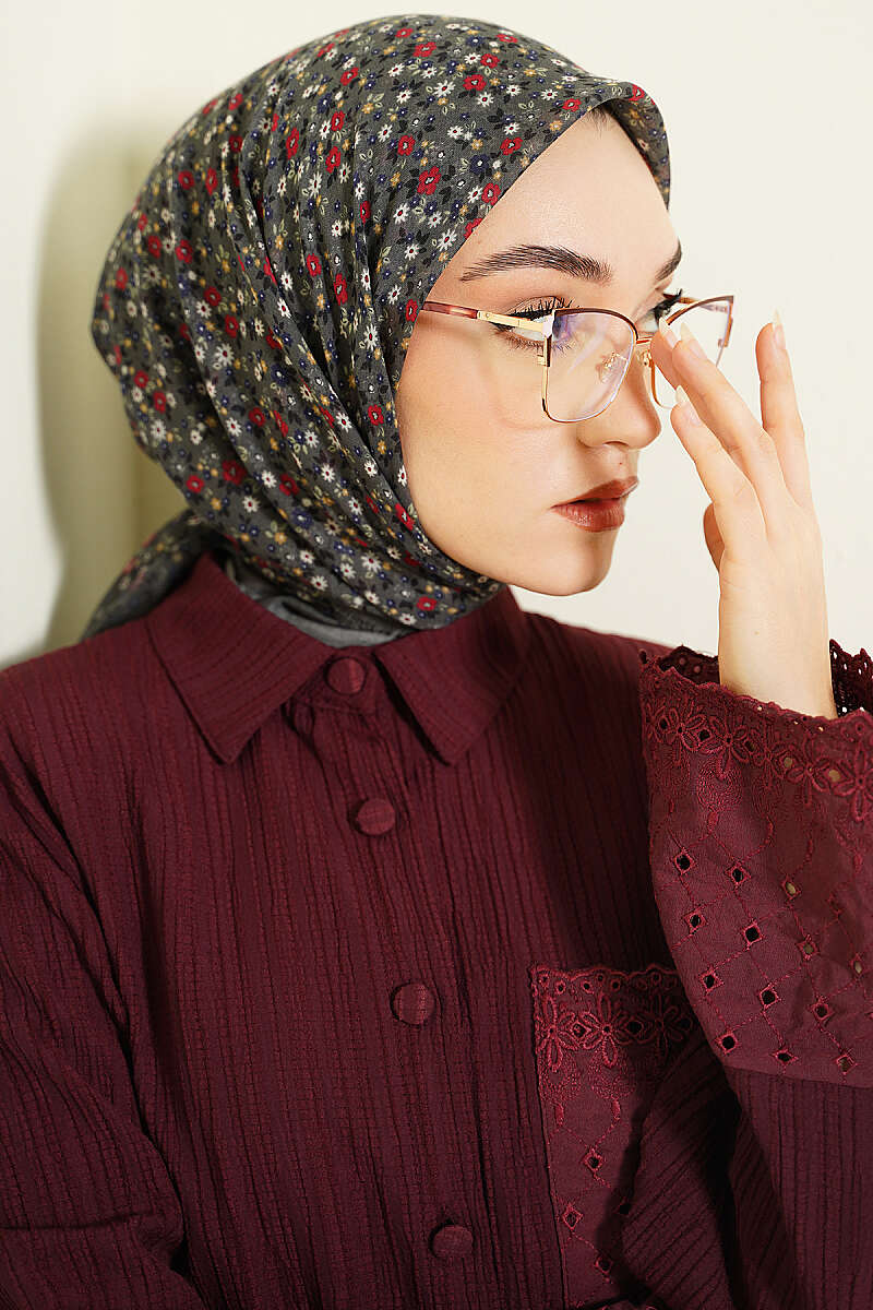 Çiçekli Flamu Cotton Eşarp Gri