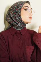 Çiçekli Flamu Cotton Eşarp Gri