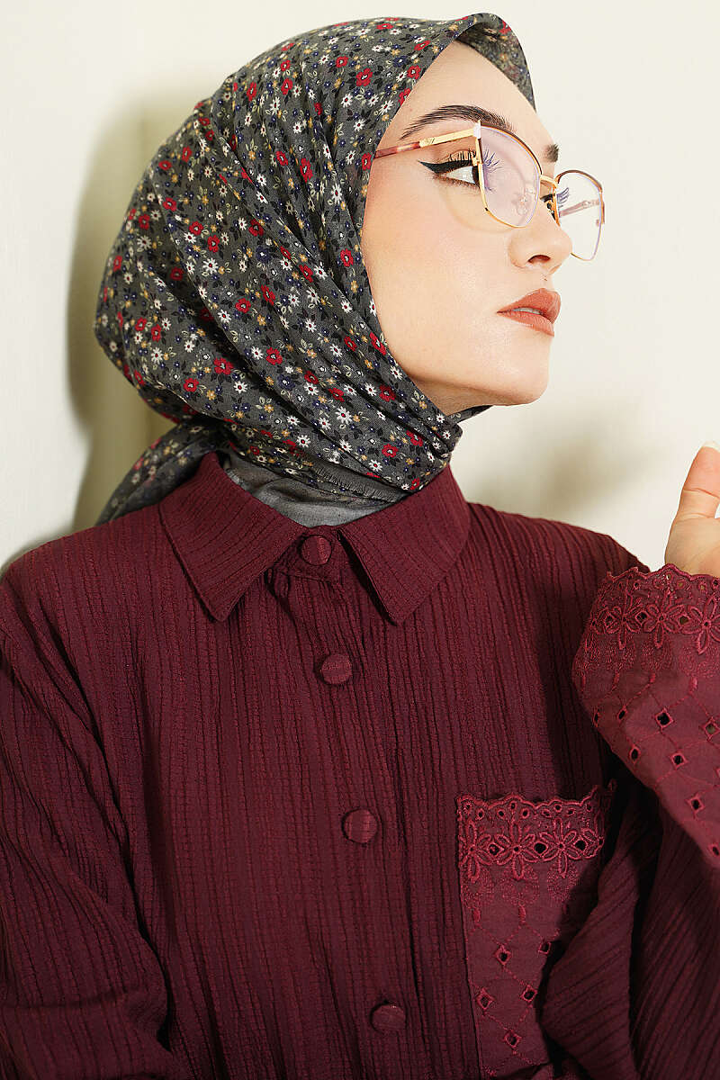 Çiçekli Flamu Cotton Eşarp Gri