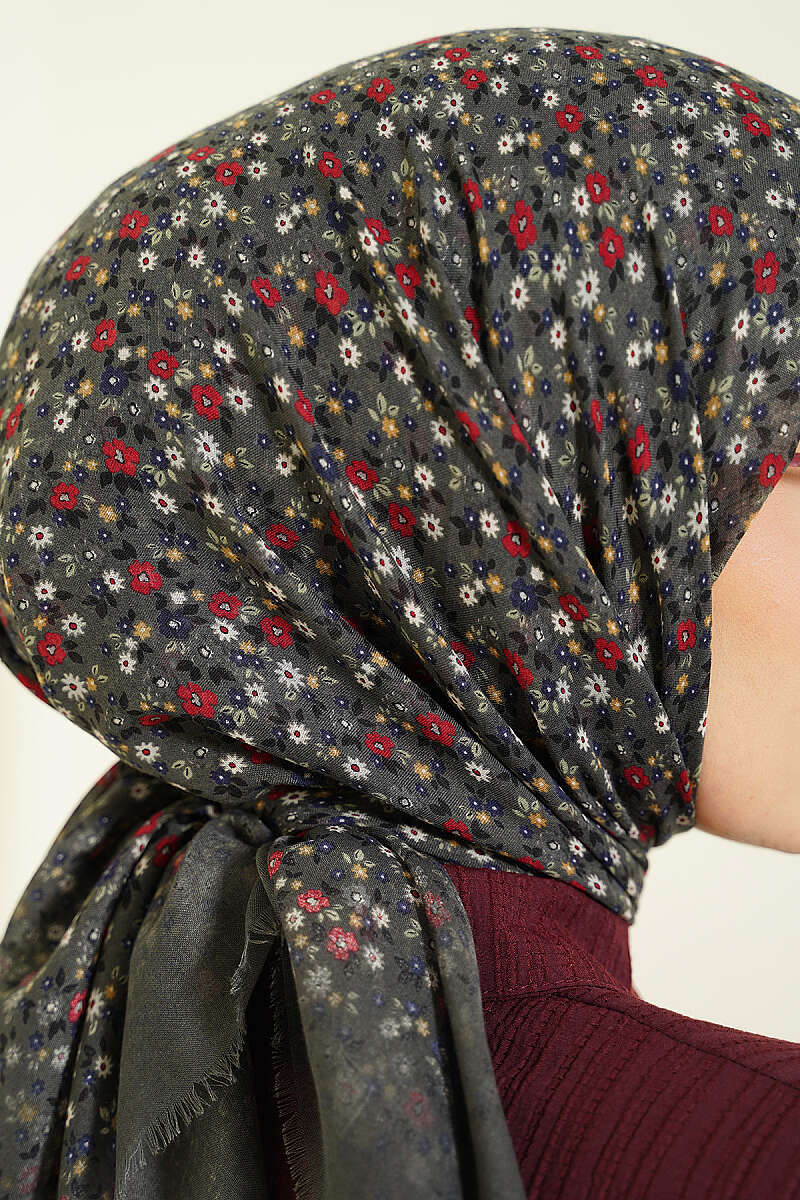 Çiçekli Flamu Cotton Eşarp Gri
