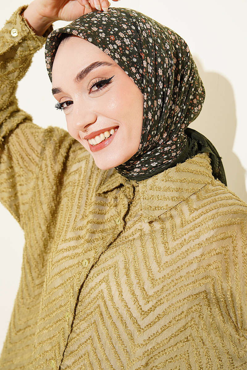 Çiçekli Flamu Cotton Eşarp Haki