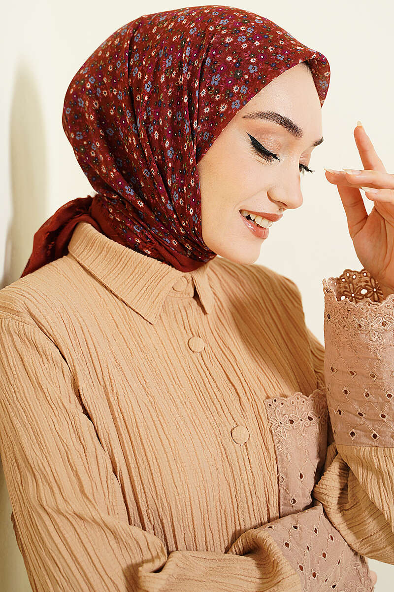 Çiçekli Flamu Cotton Eşarp Kiremit