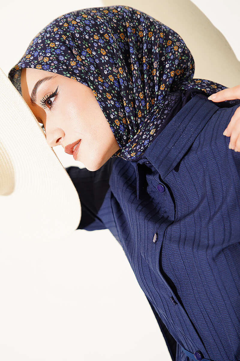 Çiçekli Flamu Cotton Eşarp Lacivert Mavi