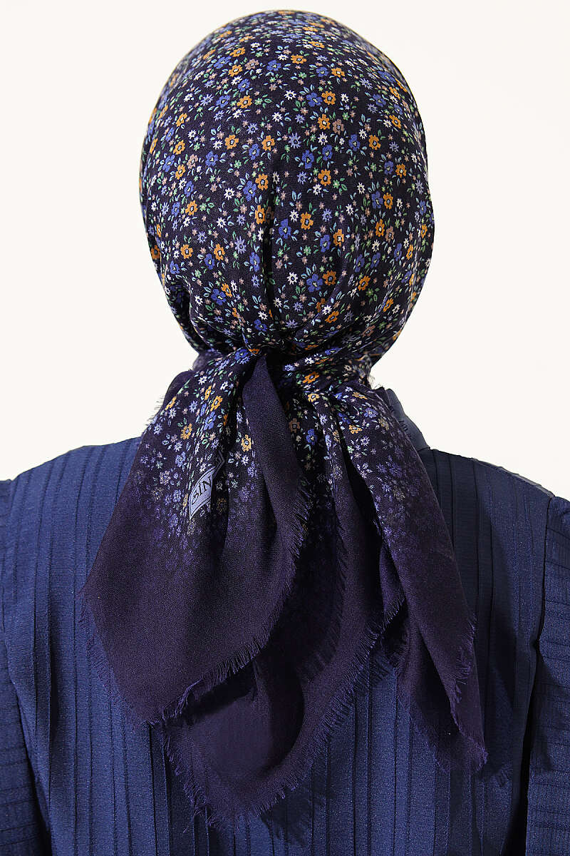 Çiçekli Flamu Cotton Eşarp Lacivert Mavi