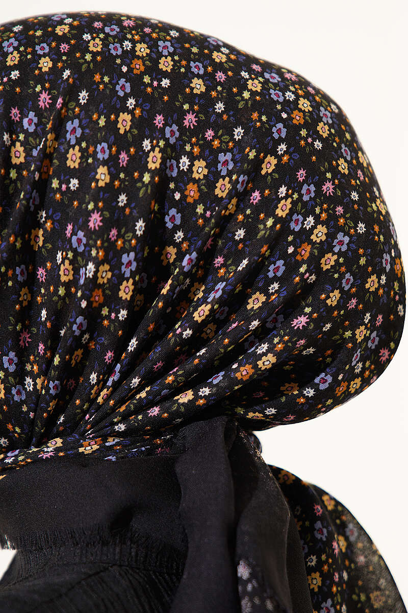 Çiçekli Flamu Cotton Eşarp Siyah