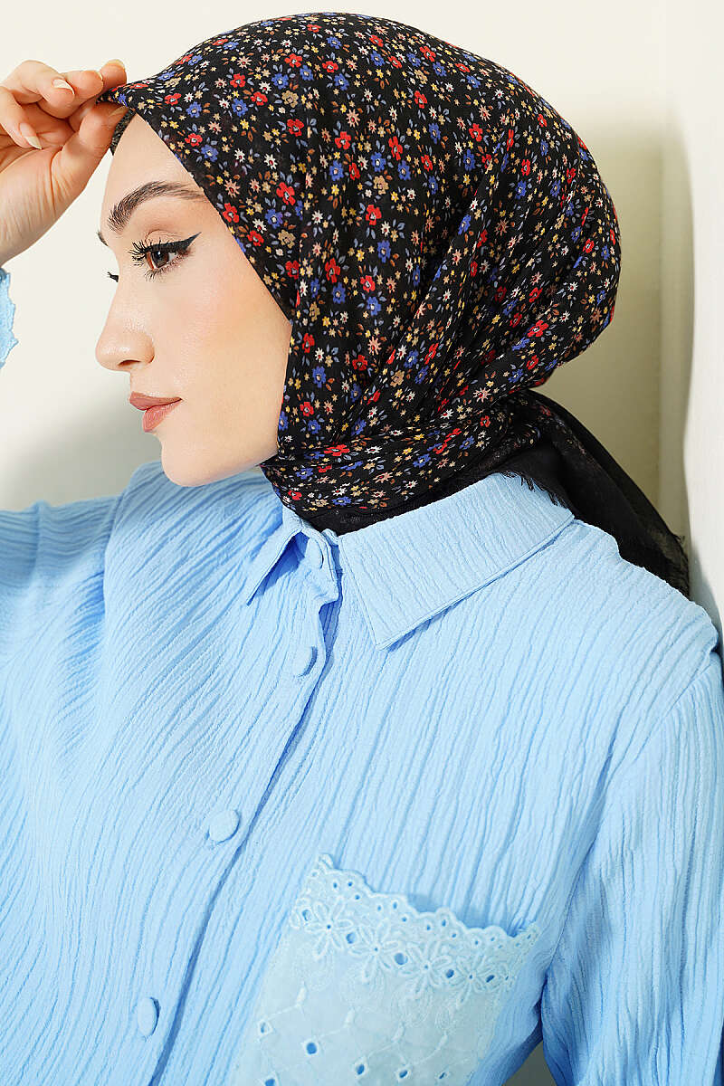 Çiçekli Flamu Cotton Eşarp Siyah Mavi