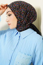 Çiçekli Flamu Cotton Eşarp Siyah Mavi
