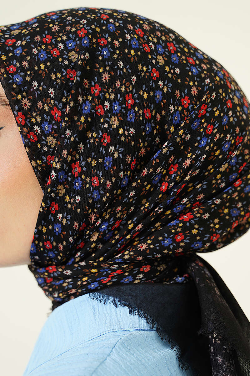 Çiçekli Flamu Cotton Eşarp Siyah Mavi