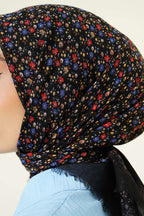 Çiçekli Flamu Cotton Eşarp Siyah Mavi