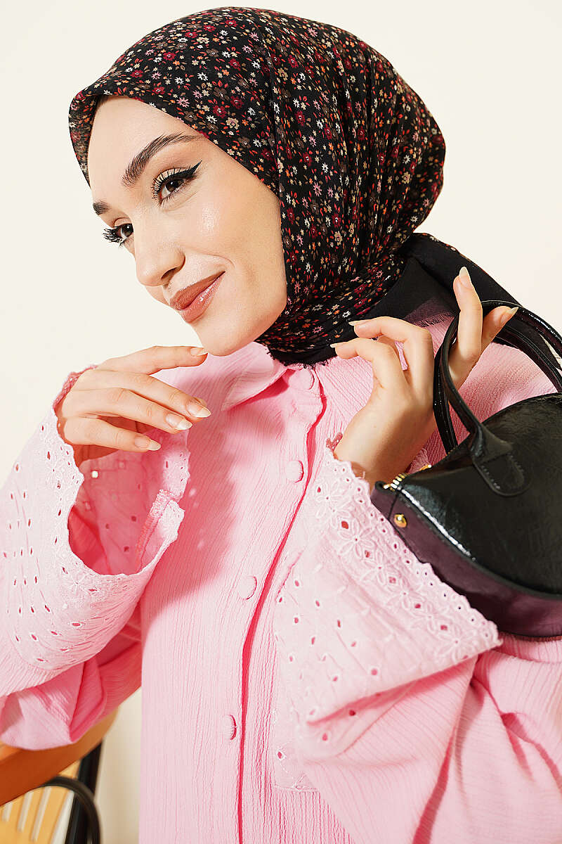 Çiçekli Flamu Cotton Eşarp Siyah Pembe