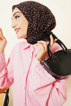 Çiçekli Flamu Cotton Eşarp Siyah Pembe