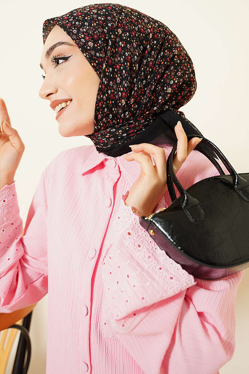 Çiçekli Flamu Cotton Eşarp Siyah Pembe