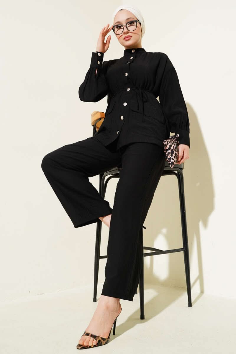 Double Pocket Buttoned Double Suit With Drawstring Belt