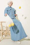 Çift Cepli Kot Ceketli Etekli İkili Takım Açık Mavi