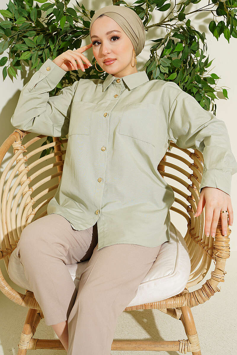 Çift Cepli Terikoton Gömlek Mint