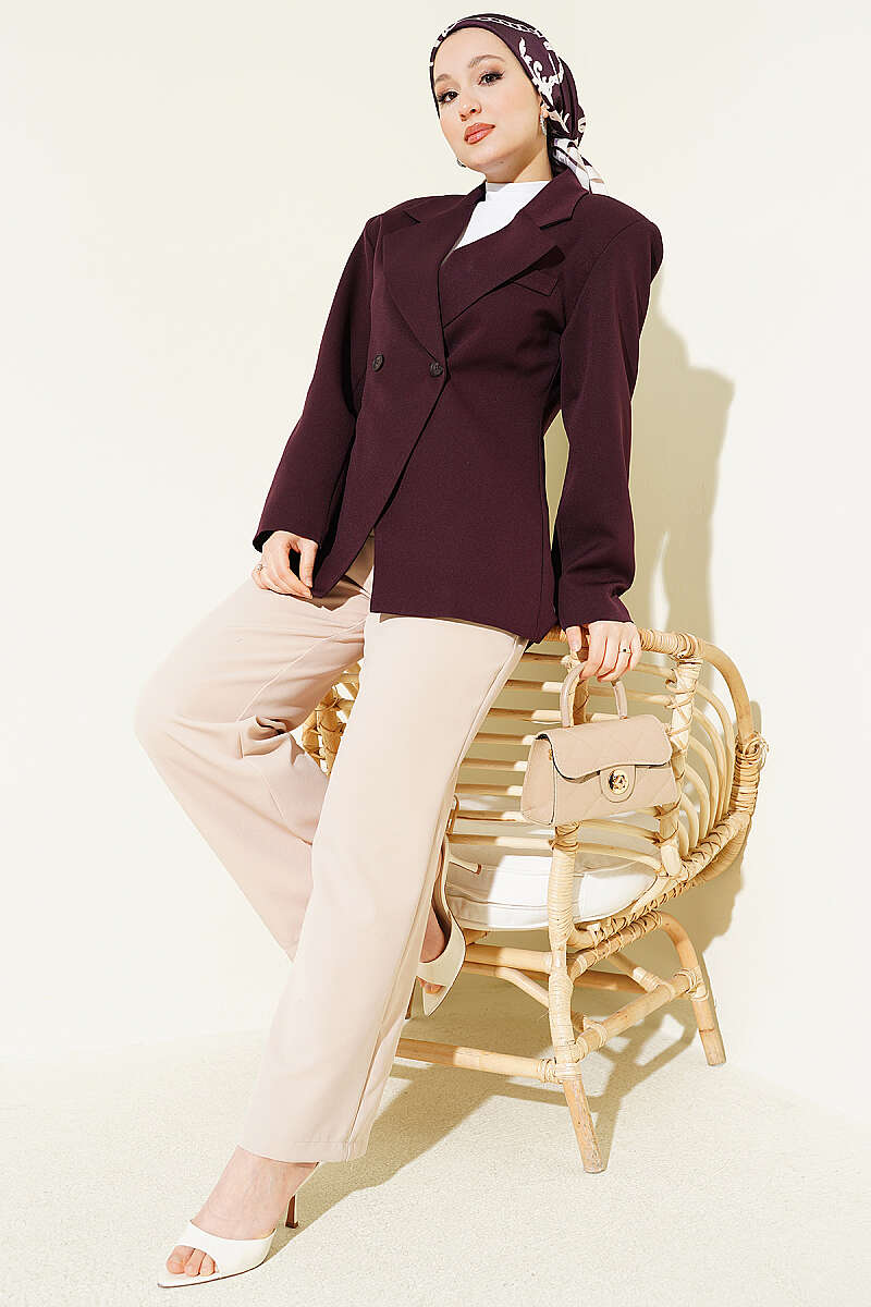 Çift Düğmeli Basic Blazer Ceket Mürdüm