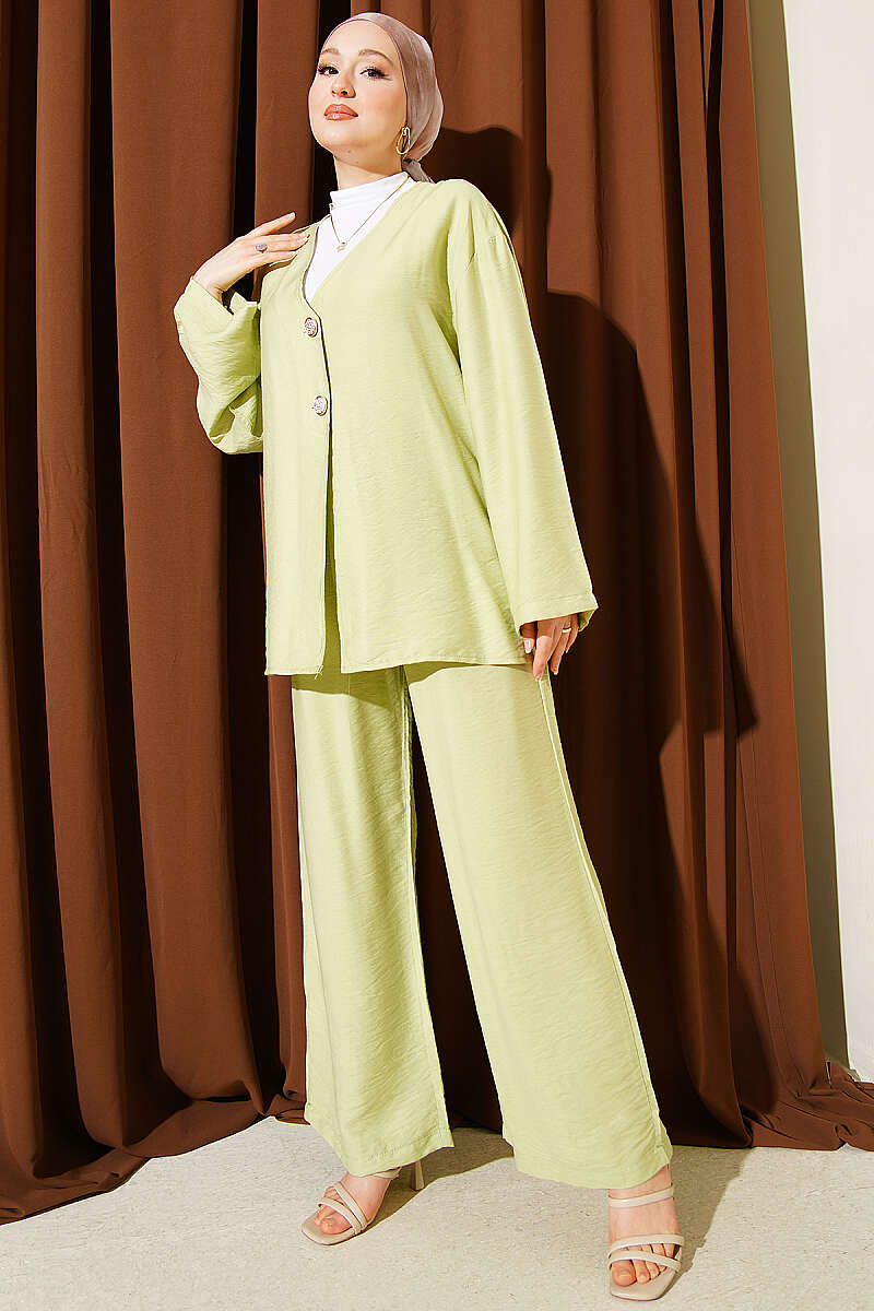 Çift Düğmeli Kimono İkili Takım Çağla Yeşili