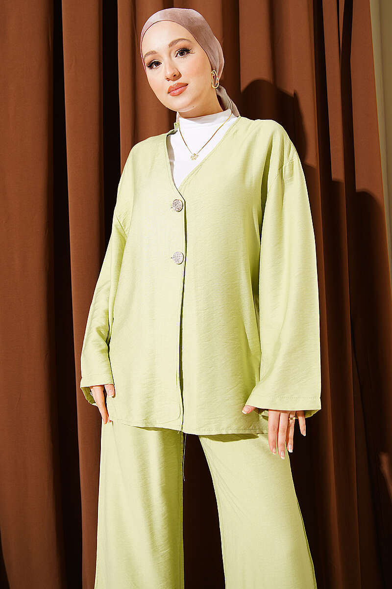 Çift Düğmeli Kimono İkili Takım Çağla Yeşili