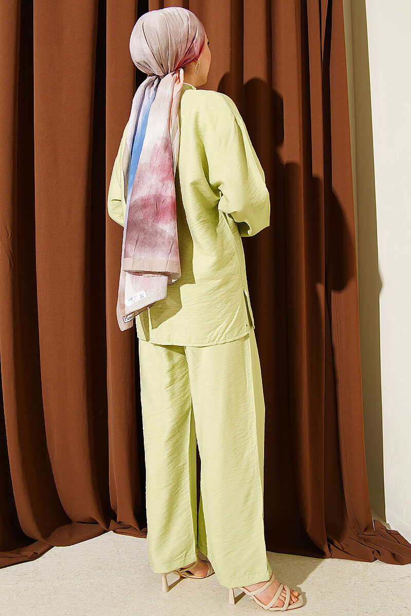Çift Düğmeli Kimono İkili Takım Çağla Yeşili