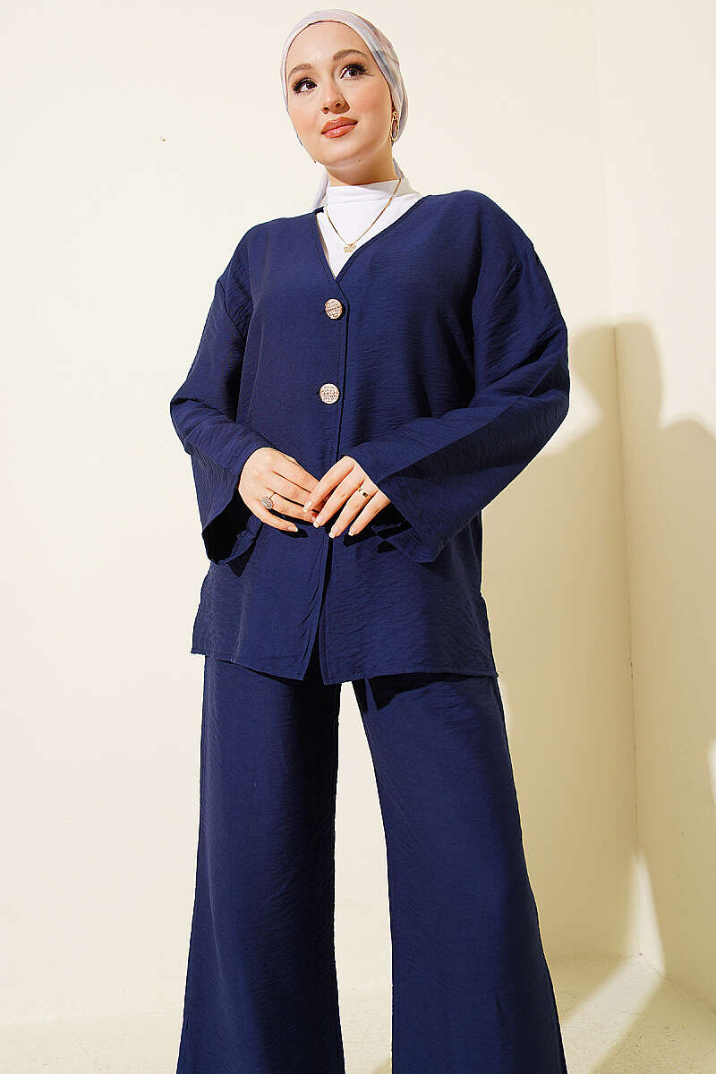 Çift Düğmeli Kimono İkili Takım Lacivert