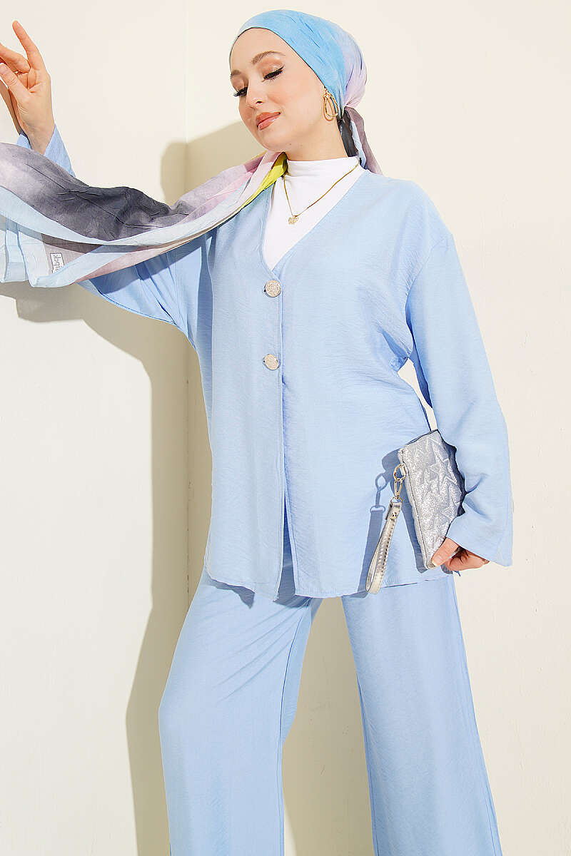 Çift Düğmeli Kimono İkili Takım Mavi