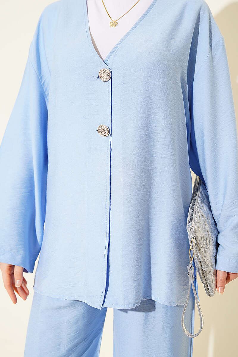 Çift Düğmeli Kimono İkili Takım Mavi