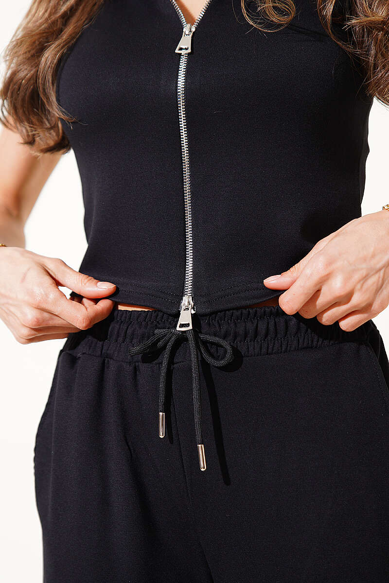 Çift Fermuarlı Kısa Kollu Takım Siyah