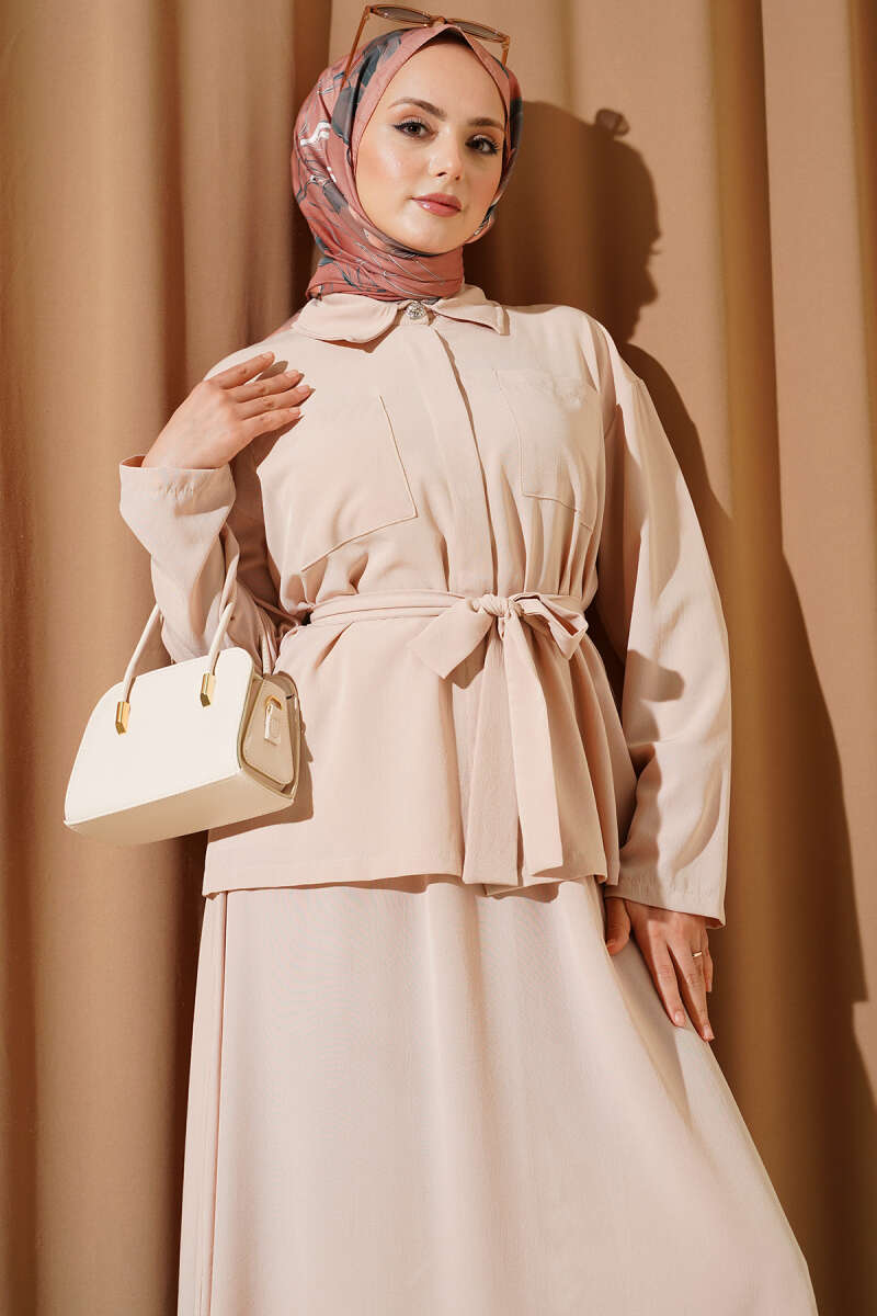 Belted Skirt Double Set with Double Breast Pockets Второстепенное изображение товара